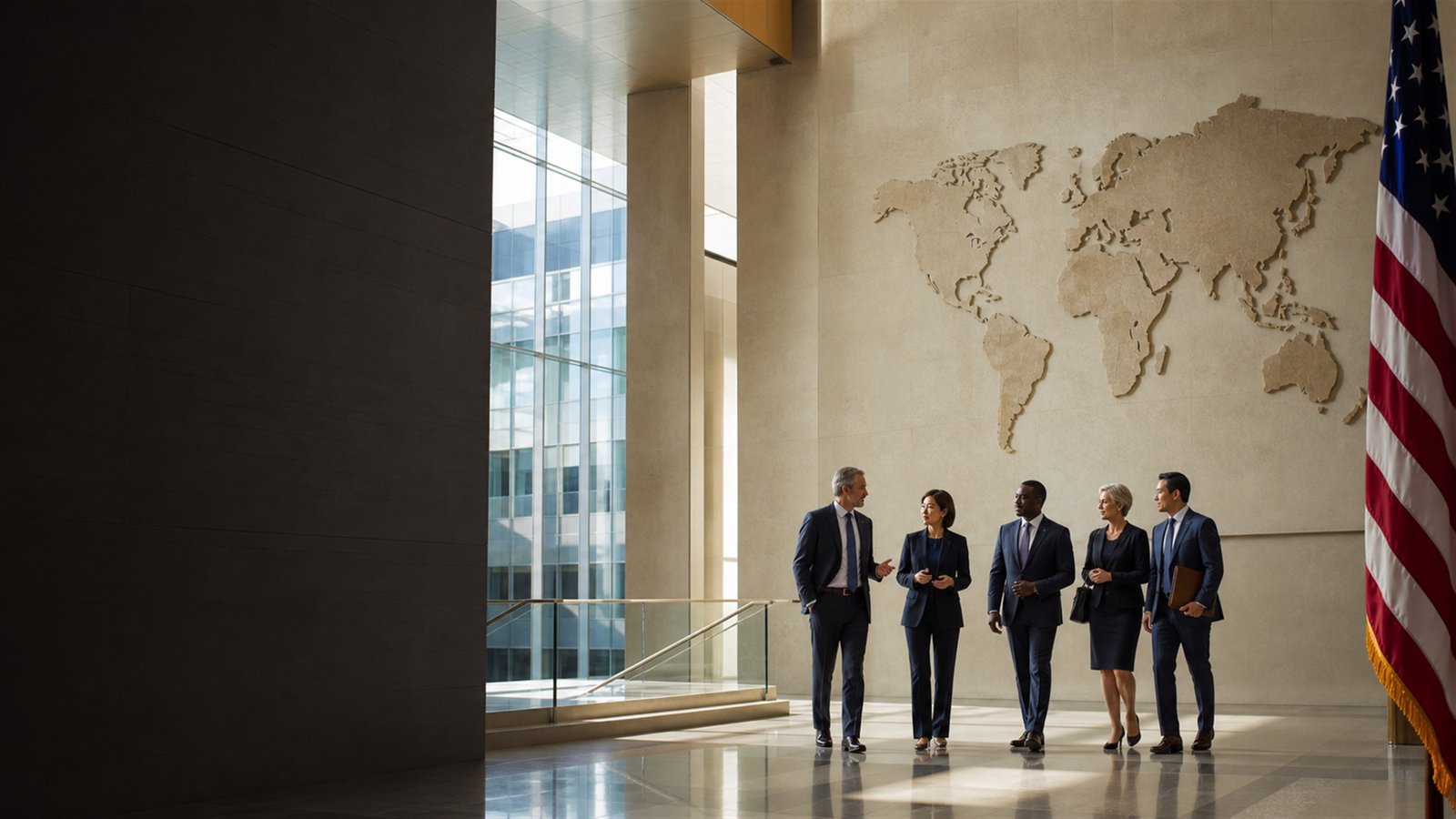 American and international institutional professionals in a civic atrium beneath a world map
