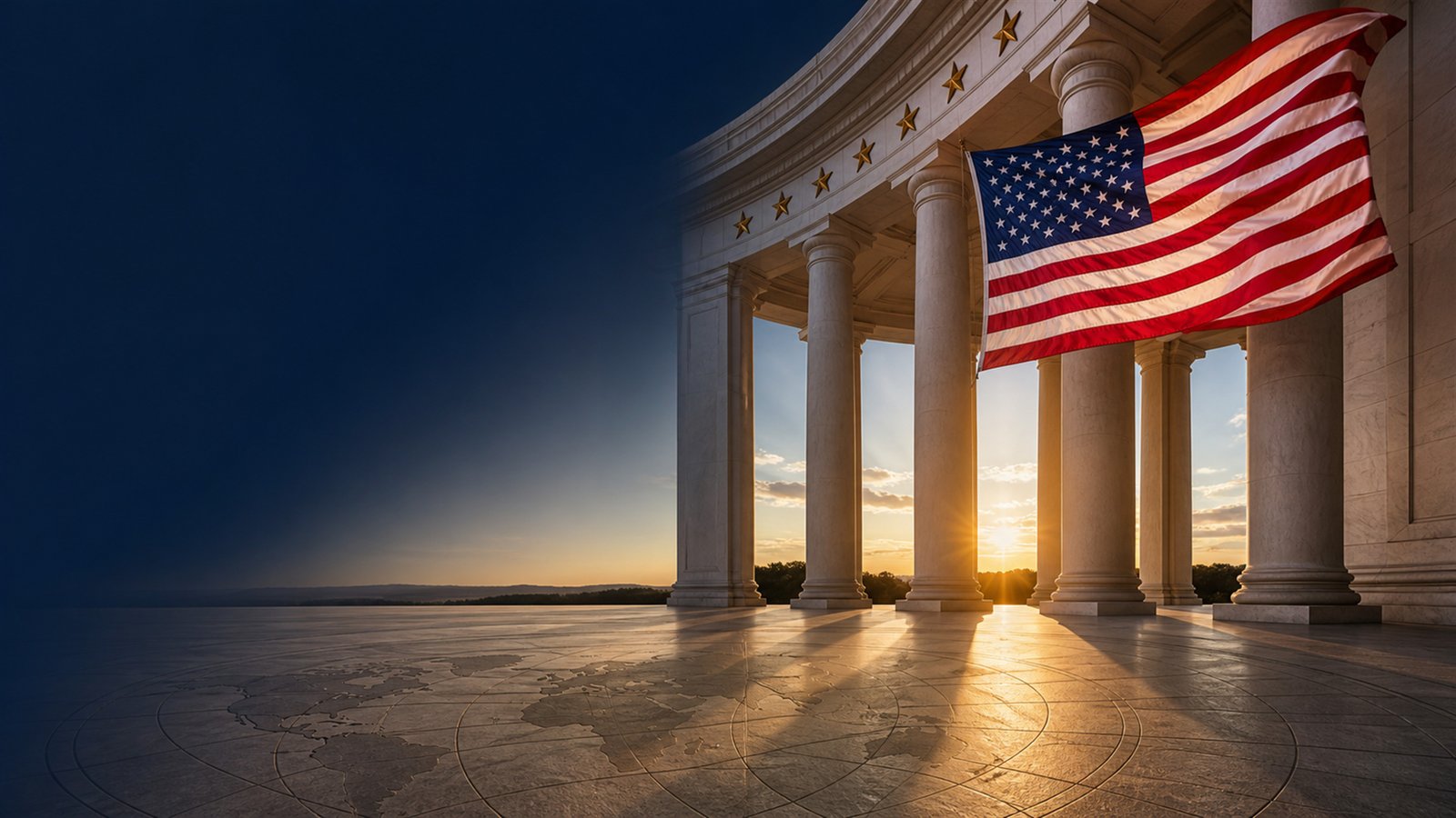 American flag in a neoclassical colonnade above a world map at sunrise