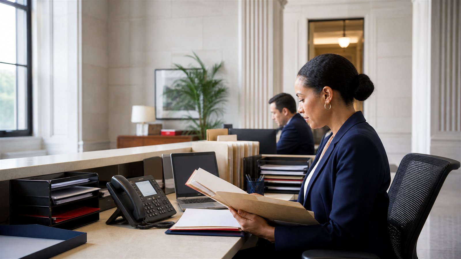 Institutional correspondence being reviewed at an organized public-service desk