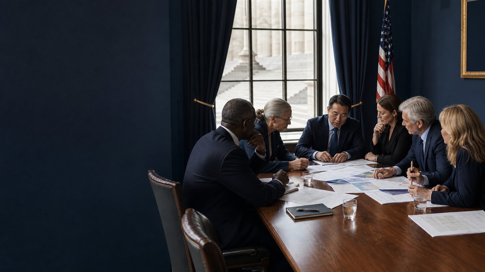 Institutional practitioners reviewing briefing materials