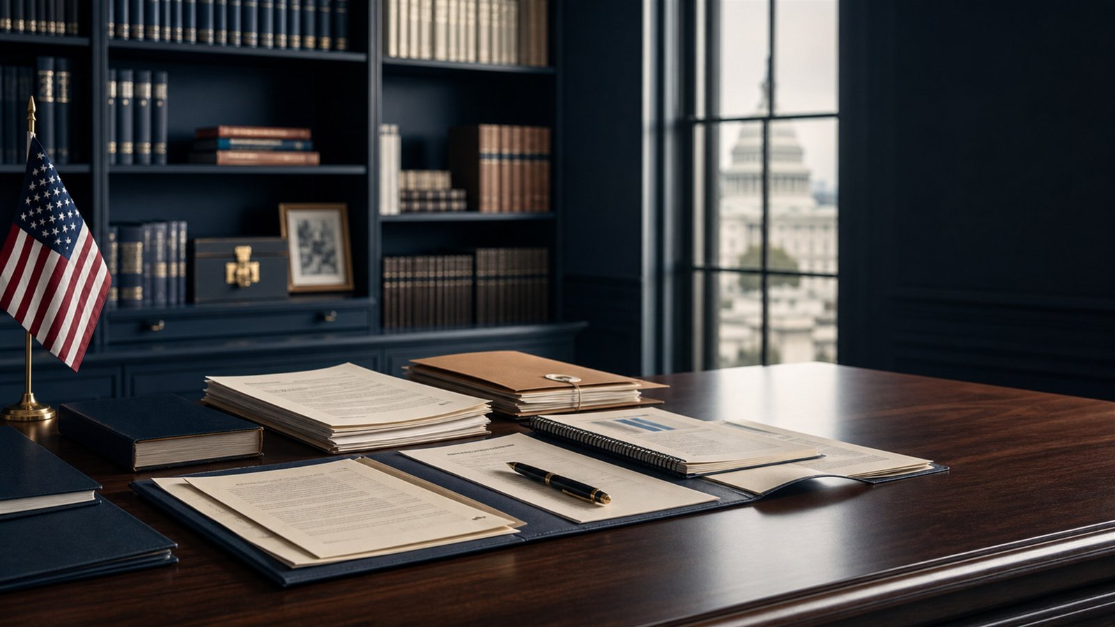 Policy briefs, source documents, and archival folders arranged in an institutional research office