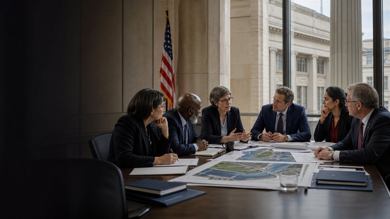 Institutional leaders reviewing infrastructure plans in a formal American civic setting