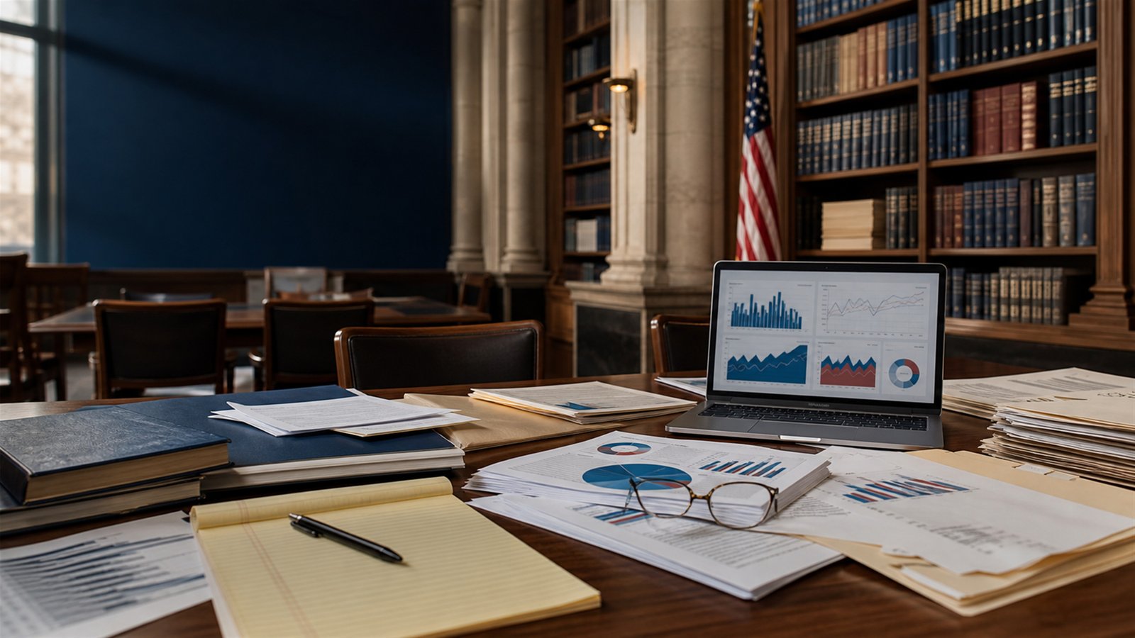 Government reports, analytical charts, and research materials arranged in a civic library